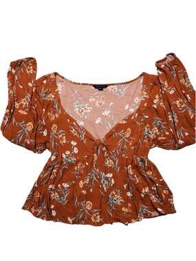 American Eagle Rust Orange Floral Front Tie Peplum Blouse Large